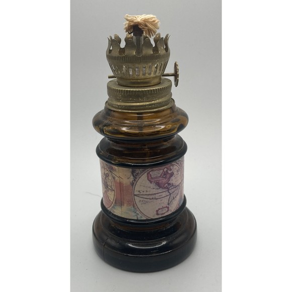 Mini Oil / Kerosene Amber Glass Lamp with Globe Graphics 5.25" Tall 2.75" @ Base - Picture 3 of 10